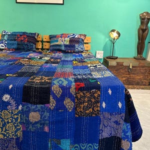 Bohemian Patchwork Quilt Kantha Quilt Handmade Vintage Quilts Boho Twin Size Bedding Throw Blanket Bedspread Quilted Hippie 90X60 Inch