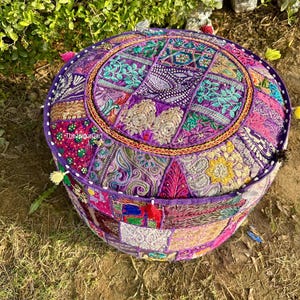 Pouf Ottoman Cover,Modern Embroidered Pouf Cover,Boho Ottoman Décor,Handmade pouf stool, large and round floor Pillow, Meditation cushion