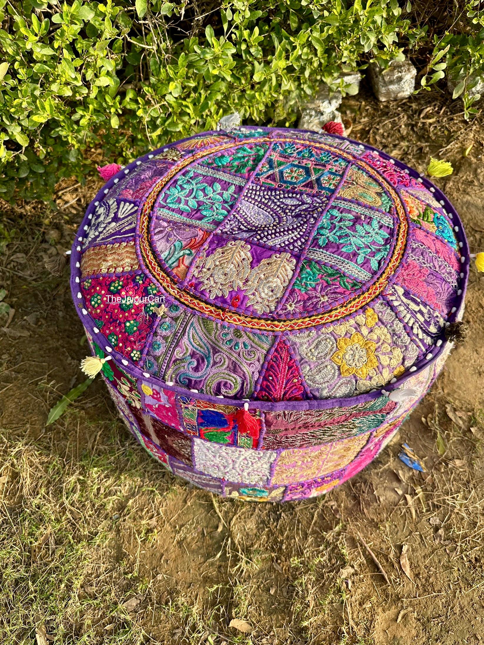 Stylo Culture Pouf Ottoman Indien Pouf Couverture Marron Indien Patchwork Coton Patchwork Traditionnel Pouf Tissu Pouf Ottoman (16x16x13 Pouce) 40cm