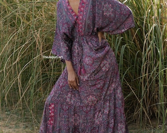 Indian Silk Dress / Casual Bohemian Halter dress / Beach Dress / boho dress / Goddess Maxi Dress / Open Back Dress / Silk Long Dress