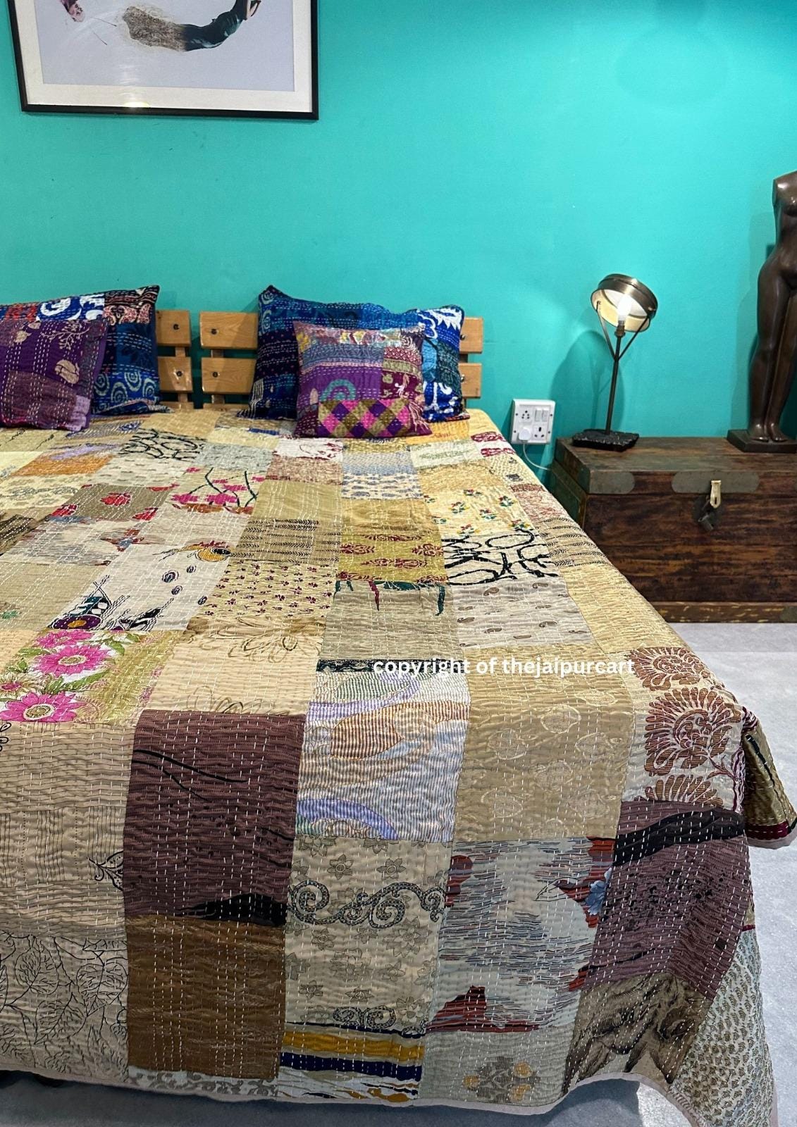 ＃152 刺繍パッチワークカンタキルト　ターコイズ 152 刺繍パッチワークカンタキルト ターコイズ