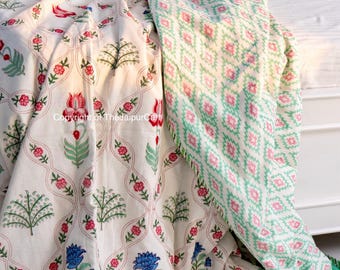 Multi floral Dohar Summer Blanket Summer Quilt Indian Handcrafted Jaipuri Hand Block Printed Reversible Dohar Cotton Voile Dohar AC Blanket