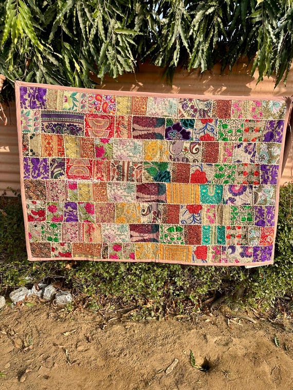 ヴィンテージ サリ ザリ ワーク タペストリー インド 重厚 刺繍 壁掛け