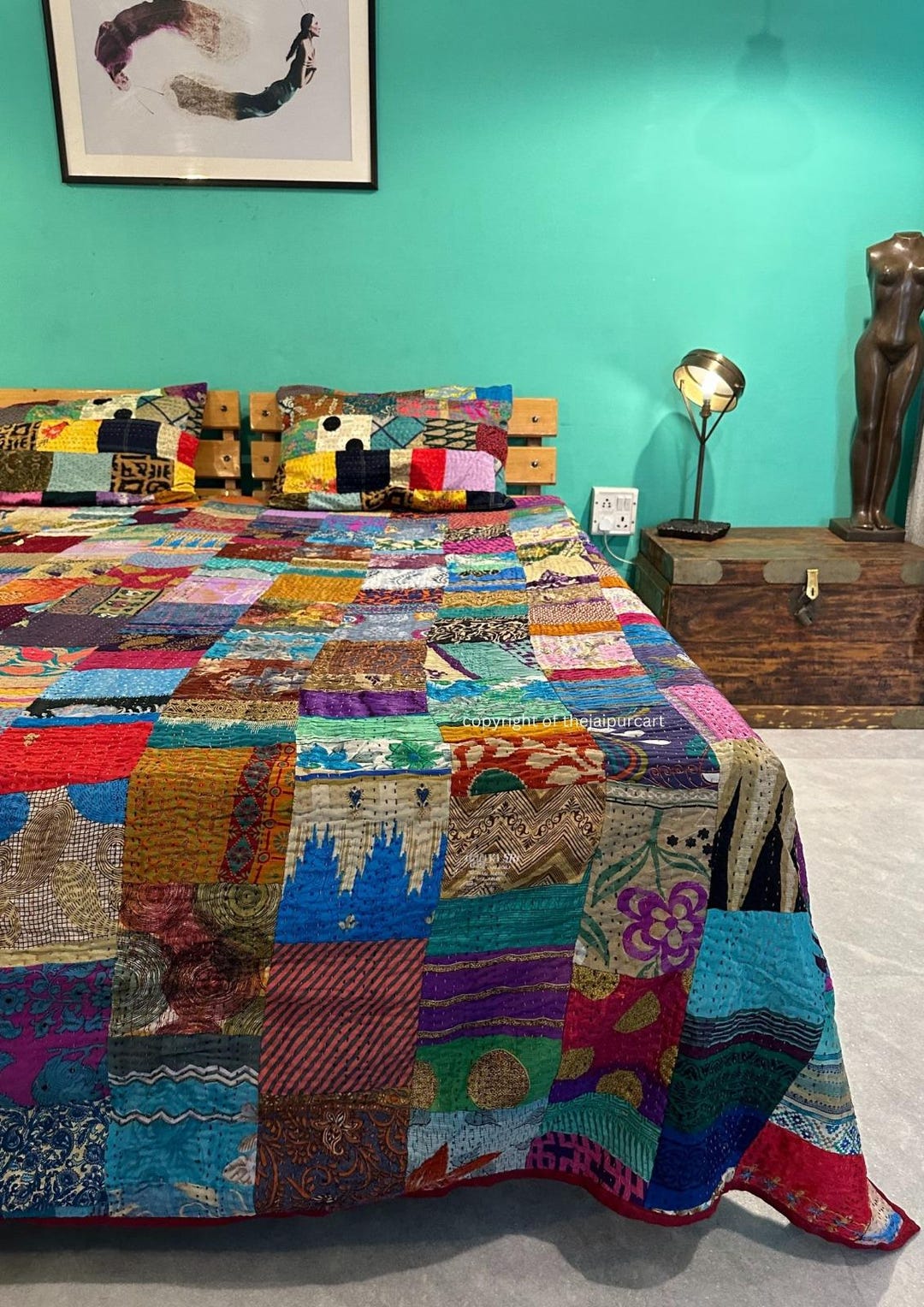 Copriletto Kantha Patchwork In Seta Fatto A Mano: Stile Vintage Gudri, Reversibile, Decorazione Da Spiaggia (Grigio, Matrimoniale 228x274 Cm) - 2
