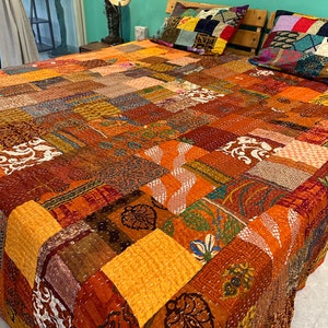 Bohemian Patchwork Quilt Kantha Quilt Handmade Vintage Quilts Boho King Size Bedding Throw Blanket Bedspread Quilting Hippie Quilts For Sale Pomarańczowy