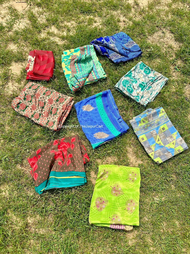 Indian Recycled silk sari , Art Silk Sari Fabric Used Bundle for Nuno felting Wholesale lot of Vintage Blend silk Saree Dressmaking Craft image 10
