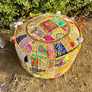 Pouf Ottoman Cover,Modern Embroidered Pouf Cover,Boho Ottoman Décor,Handmade pouf stool, large and round floor Pillow, Meditation cushion