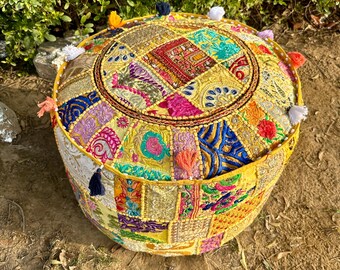 Fodera Per Cuscino Da Pavimento Rotondo Boho Vintage 100 Cm | Patchwork Ricamato Indiano Arancione | Solo Coperta Per Pouf, Poggiapiedi, Seduta | Senza Imbottitura