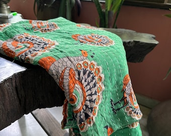 Vintage hecho a mano indio Kantha cama extendida manta tirar edredón tamaño doble decoración del hogar dormitorio Boho decoración