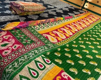 Lotto all'ingrosso di trapunta Kantha vintage indiana fatta a mano, coperta reversibile, copriletto in tessuto di cotone, trapunta Boho
