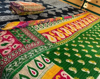 Große Menge Indischer Vintage Kantha Quilt Handgemachter Wurf Wendedecke Bettdecke Baumwollgewebe Boho Quilt