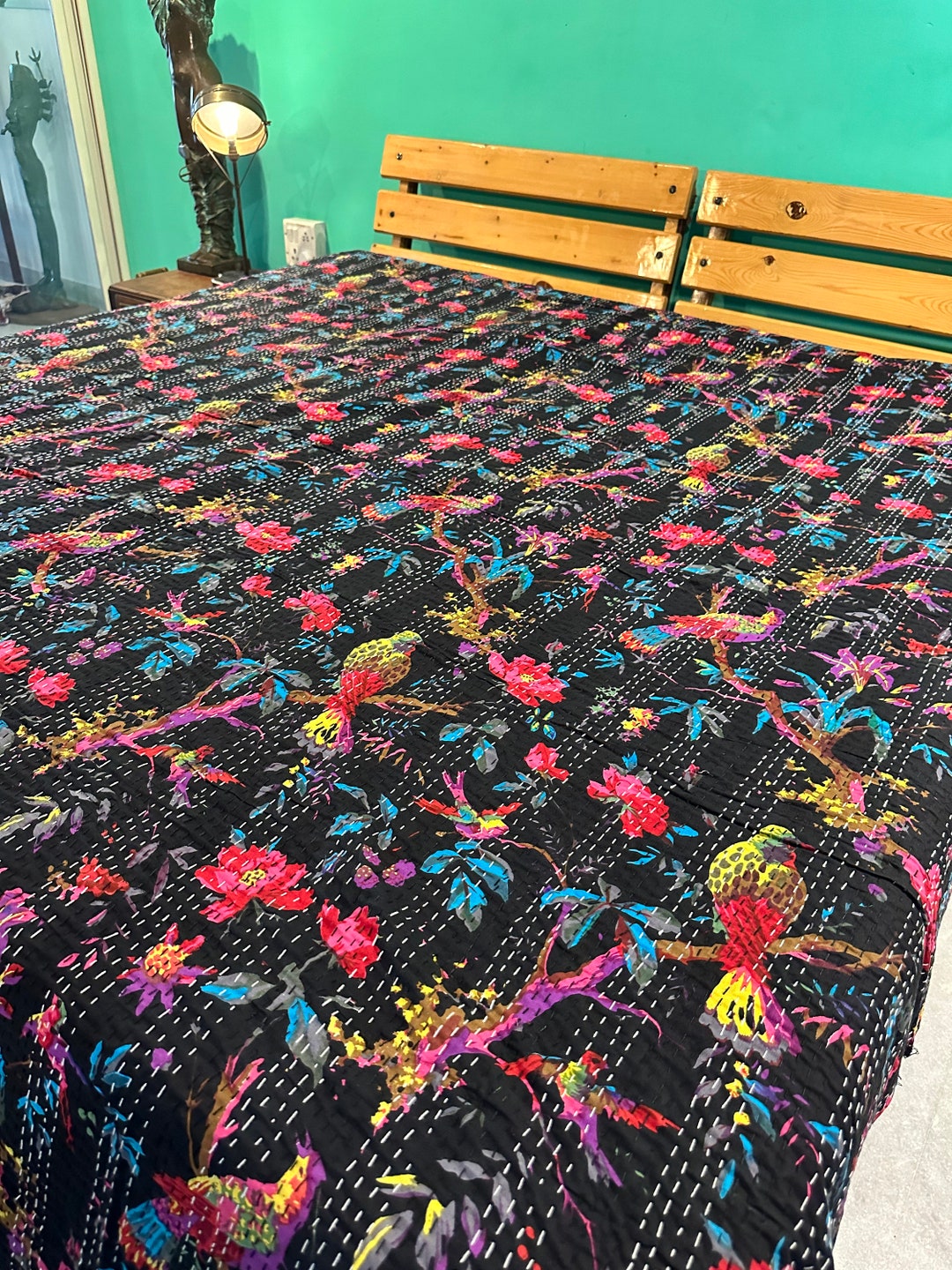 Indian Kantha Quilt Kantha Bedspread Indian Cotton Bed Cover Etsy