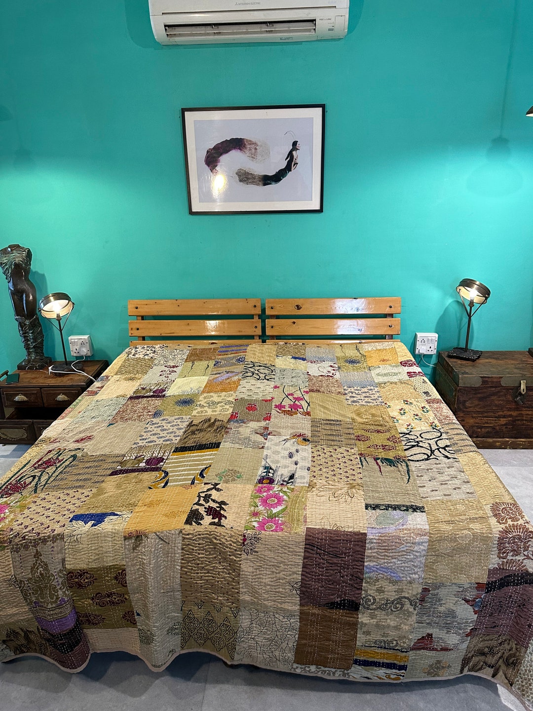 Patchwork Quilt Bohemian Kantha Quilt Handmade Vintage Silk Quilts King