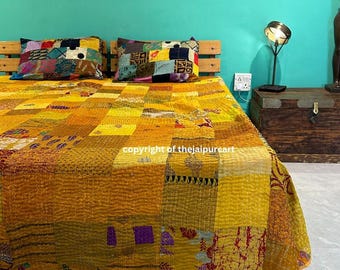 Indian Silk Kantha Quilt: Queen Patchwork Bedspread, Hand Quilted