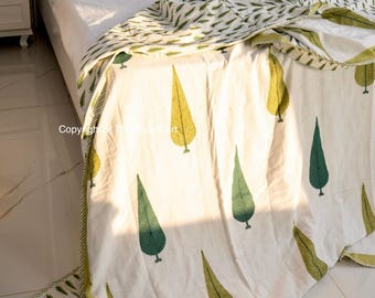 Leaf Floral Cotton Dohar | Indian Handmade AC Blanket | Soft Muslin Quilt | Reversible Summer Comforter | Jaipuri Bedspread Twin Queen Size