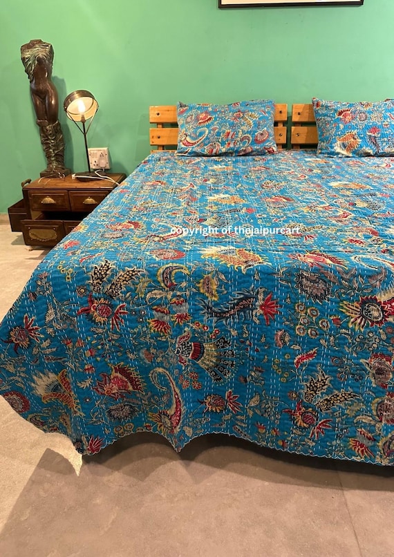 Indian Queen Kantha Quilt Cotton Throw Gudari Hand Block Print Bedspread Blanket