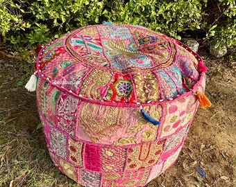 Fodera Per Cuscino Da Pavimento Rotondo Boho Vintage 100 Cm | Patchwork Ricamato Indiano Arancione | Solo Coperta Per Pouf, Poggiapiedi, Seduta | Senza Imbottitura