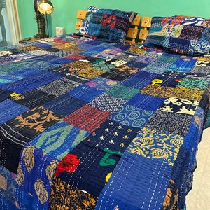 Bohemian Patchwork Quilt Kantha Quilt Handmade Vintage Quilts Boho King Size Bedding Throw Blanket Bedspread Quilting Hippie Quilts For Sale Blue