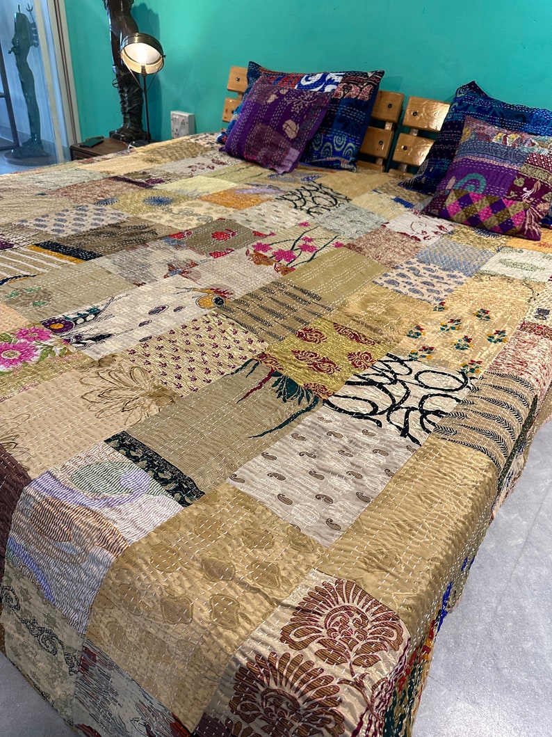 Bohemian Patchwork Quilt Kantha Quilt Handmade Vintage Quilts Boho King Size Bedding Throw Blanket Bedspread Quilting Hippie Quilts For Sale Beż