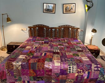 Bohemian Silk Patchwork Quilt Kantha Quilt Handmade Vintage Quilts Boho Throw Blanket Bedspread King Size Kantha Quilt For Christmas Gift
