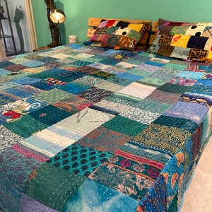 Bohemian Patchwork Quilt Kantha Quilt Handmade Vintage Quilts Boho King Size Bedding Throw Blanket Bedspread Quilting Hippie Quilts For Sale Turquoise