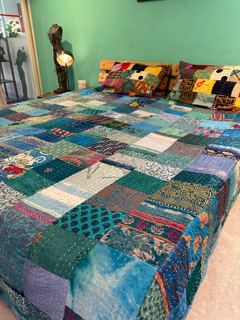 Bohemian Patchwork Quilt Kantha Quilt Handmade Vintage Quilts Boho King Size Bedding Throw Blanket Bedspread Quilting Hippie Quilts For Sale Turquoise