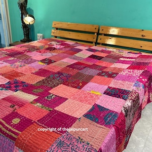 Recycled Indian Sari Silk Patchwork Blanket,Handmade Kantha Quilt