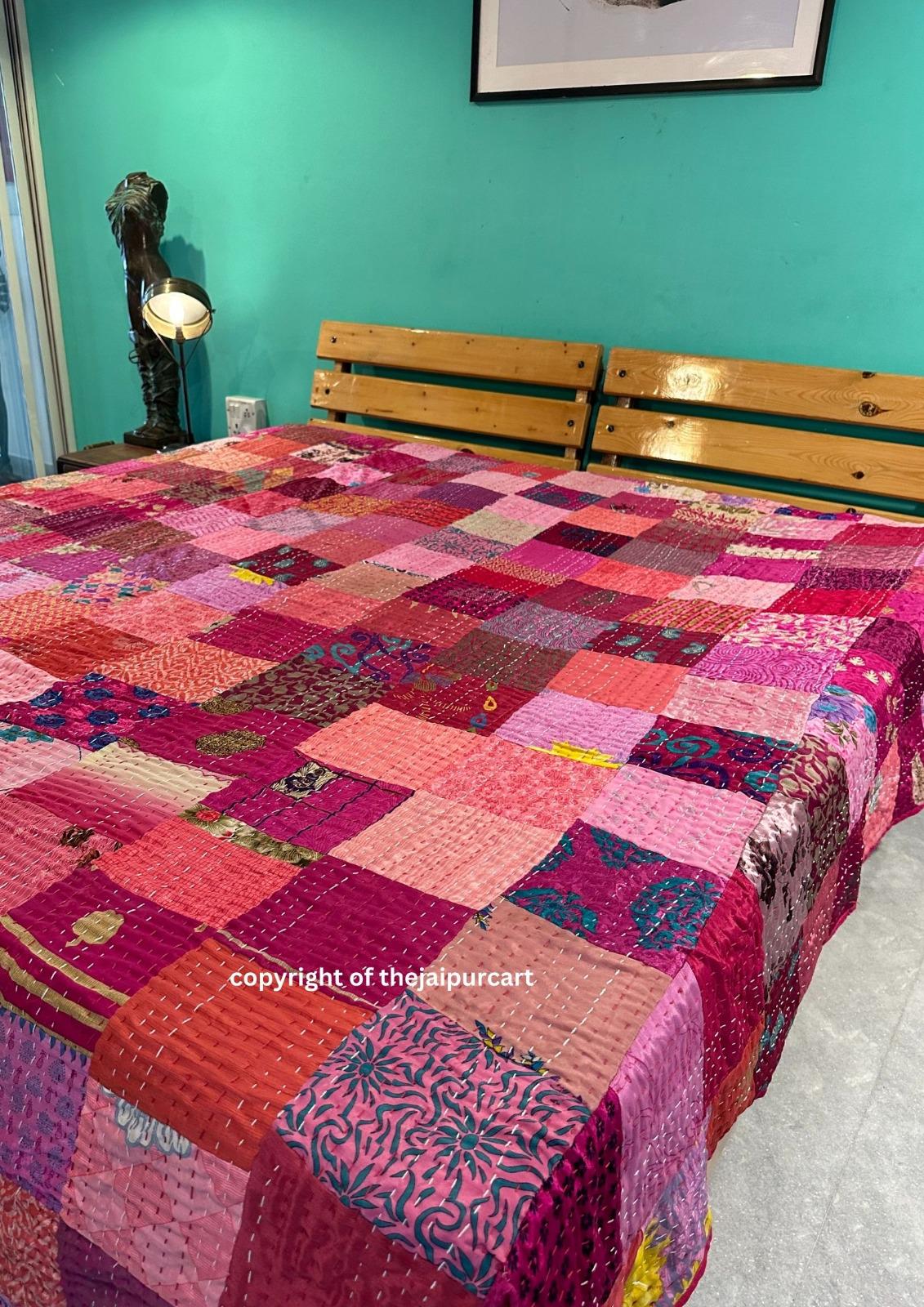 ターコイズ ヴィンテージ シルク サリー パッチワーク カンタ キルト