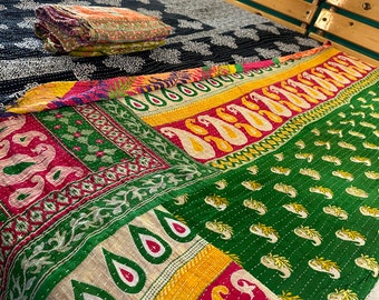 Indian Vintage Kantha Quilt Handmade Throw Reversible Blanket Bedspread Cotton Fabric BOHEMIAN quilting Twin Size Bed cover