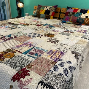 Bohemian Patchwork Quilt Kantha Quilt Handmade Vintage Quilts Boho King Size Bedding Throw Blanket Bedspread Quilting Hippie Quilts For Sale Biały
