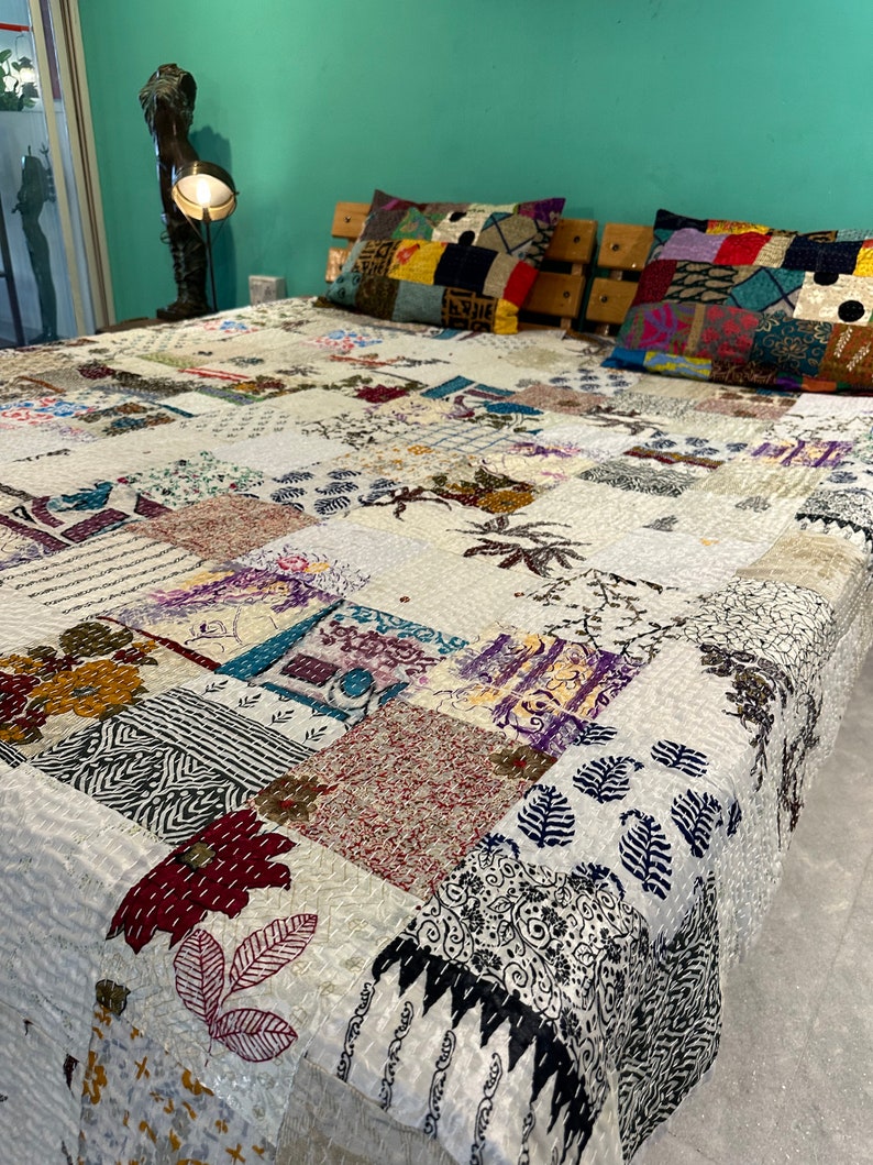 Bohemian Patchwork Quilt Kantha Quilt Handmade Vintage Quilts Boho King Size Bedding Throw Blanket Bedspread Quilting Hippie Quilts For Sale White