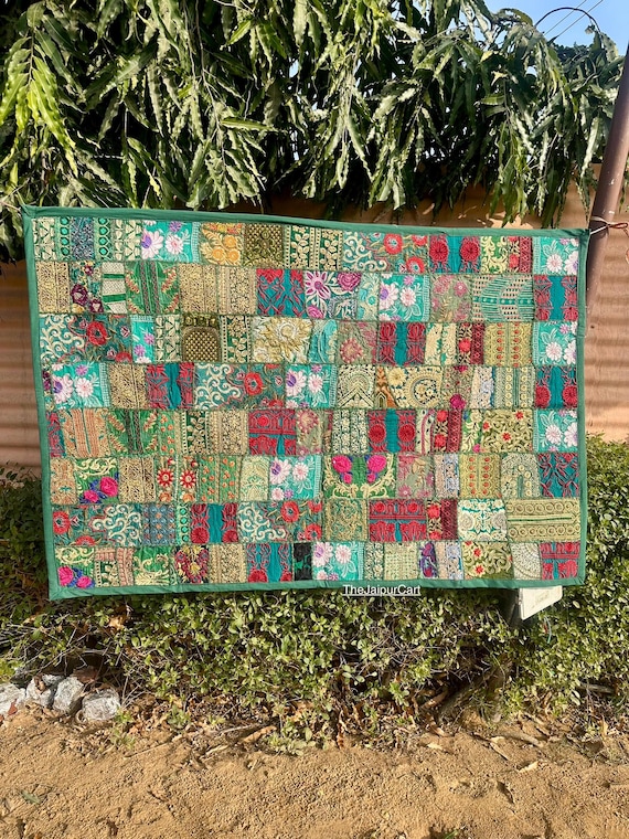 ヴィンテージ サリ ザリ ワーク タペストリー インド 重厚 刺繍 壁掛け