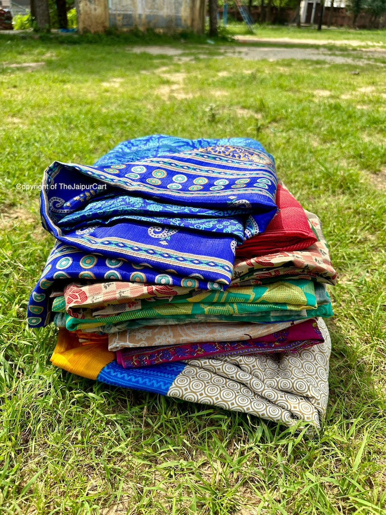 Indian Recycled silk sari , Art Silk Sari Fabric Used Bundle for Nuno felting Wholesale lot of Vintage Blend silk Saree Dressmaking Craft image 2