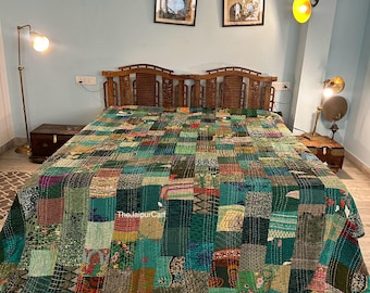 Vintage Silk Sari Patchwork Kantha Quilt Handmade Silk Kantha Blanket Queen Size Kantha Bedspread Bedding Kantha Throw