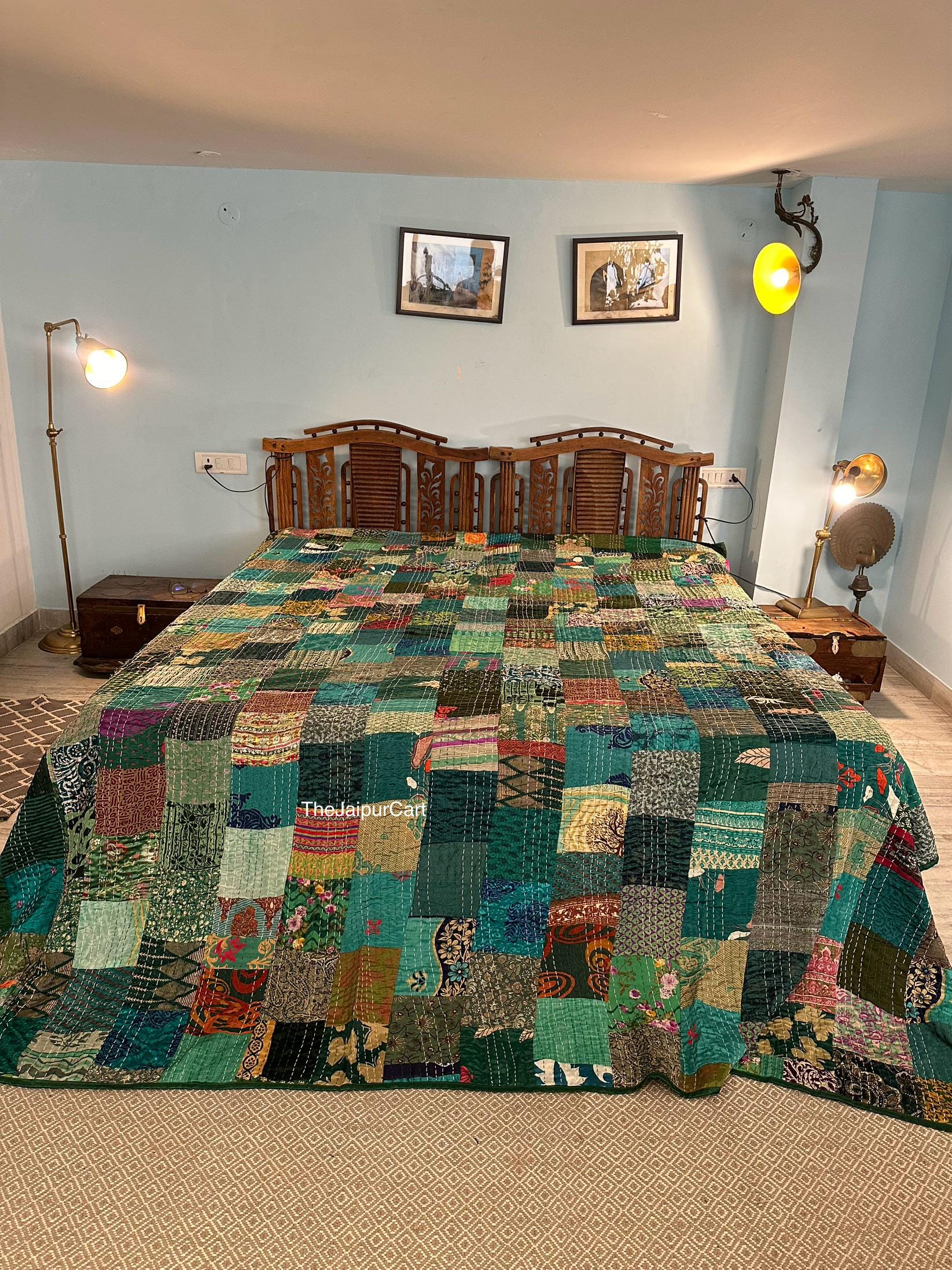 Copriletto Trapuntato Patchwork Stile Vintage Blu Tenero, Copriletto A 2 Piazze In Stile Patchwork, 220 X 240 Cm