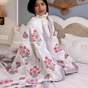Pure Soft Cotton Indian Floral Dohar Reversible Bed/Sofa Throw Summer Quilted King Size Handmade HandPrinted Spring White with Red Flowers