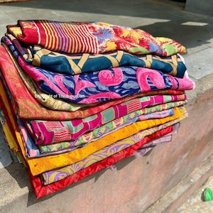 Indian Recycled silk sari , Art Silk Sari Fabric Used Bundle for Nuno felting Wholesale lot of Vintage Blend silk Saree Dressmaking Craft image 9