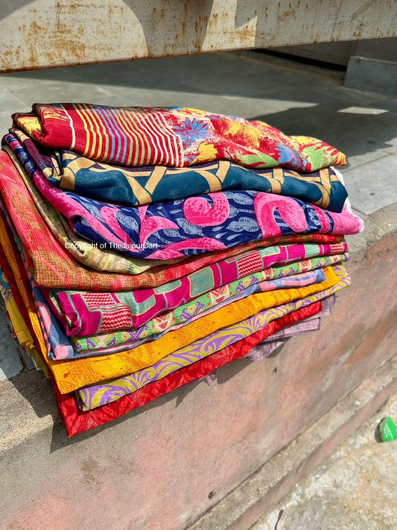 Indian Recycled silk sari , Art Silk Sari Fabric Used Bundle for Nuno felting Wholesale lot of Vintage Blend silk Saree Dressmaking Craft image 9