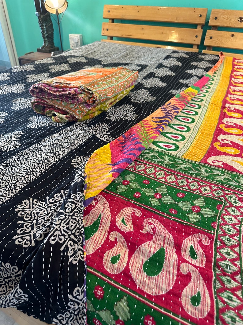 Lotto all'ingrosso di trapunta Kantha vintage indiana fatta a mano coperta reversibile copriletto in tessuto di cotone trapuntatura Boho copriletto matrimoniale immagine 3