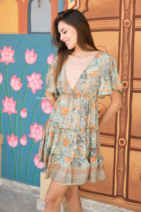 boho wrap dress short bohemian | summer shorts dress | floralmini dress | Free loss size silky earthy | festival dress casual short wrap dress