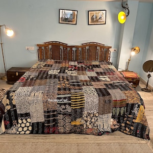 Multi Recycled Indian Sari Patchwork Blanket,Handmade Kantha Quilt