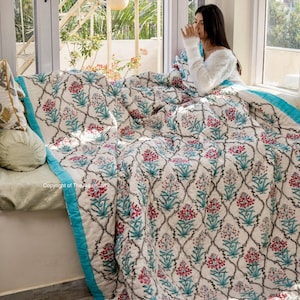 Handmade Quilts for Sale, Extra Large King Comforter 108&quot; x 90&quot;, Blue Bohemian Floral Queen Quilt, Handmade Cotton Indian Comforter