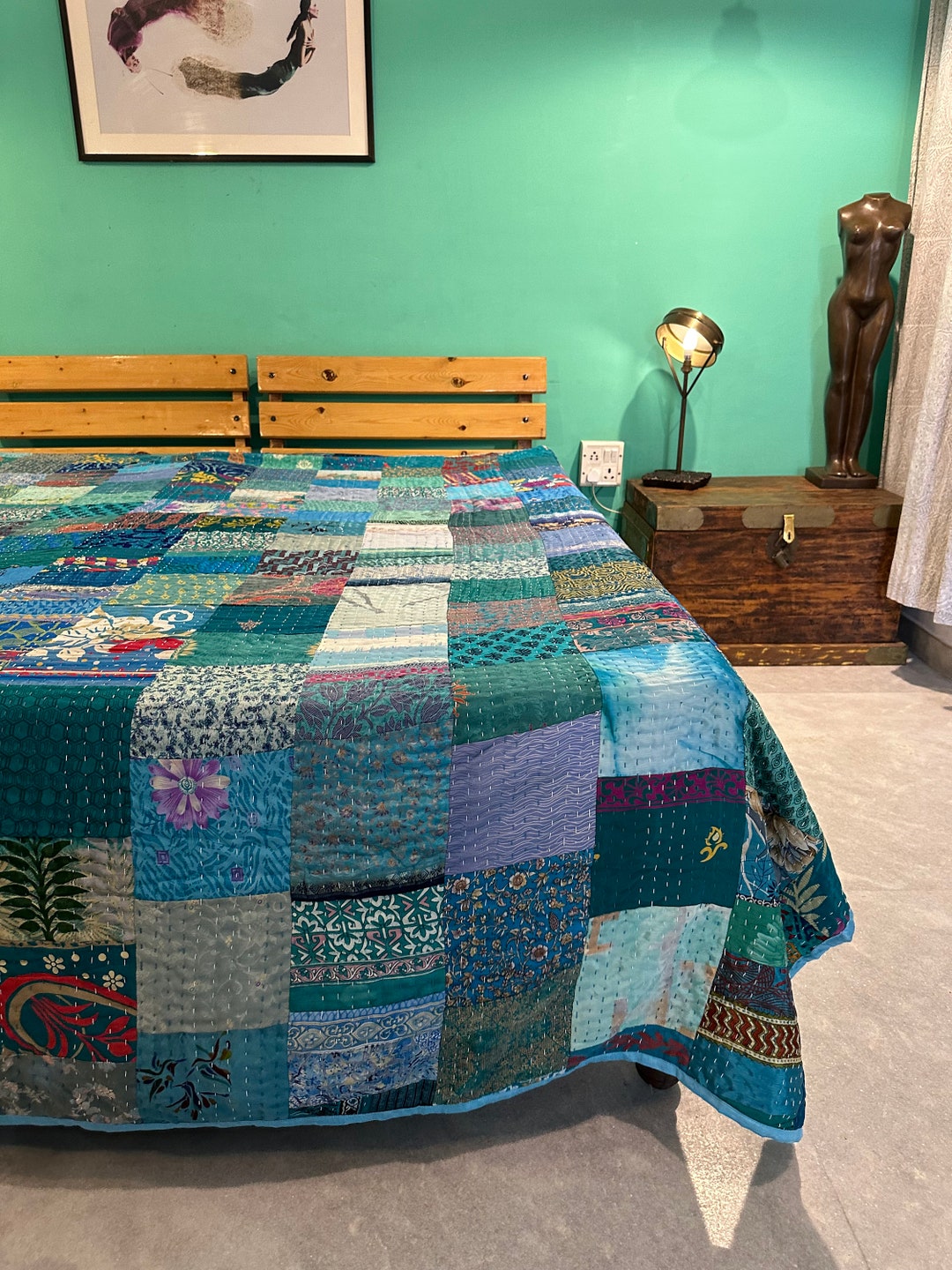 Hippie Quilts for Sale Bohemian Silk Patchwork Kantha Quilt Handmade