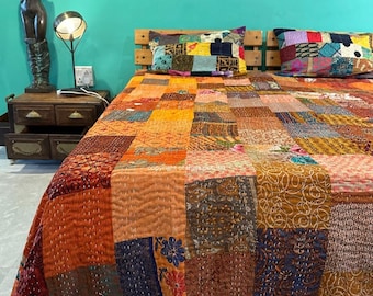 Colcha Boho Patchwork Kantha: Roupa de cama vintage feita à mão