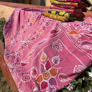 HandBlock Print Handmade Stitched Handblock Kantha Quilt Hippie Bohemian Blanket Throw Bedspread Decorative Twin Size Kantha Quilt
