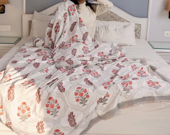 Handcrafted Cotton Dohar | Lightweight AC Blanket | Reversible Floral Print Comforter | Indian Handmade Summer Twin King Size Throw