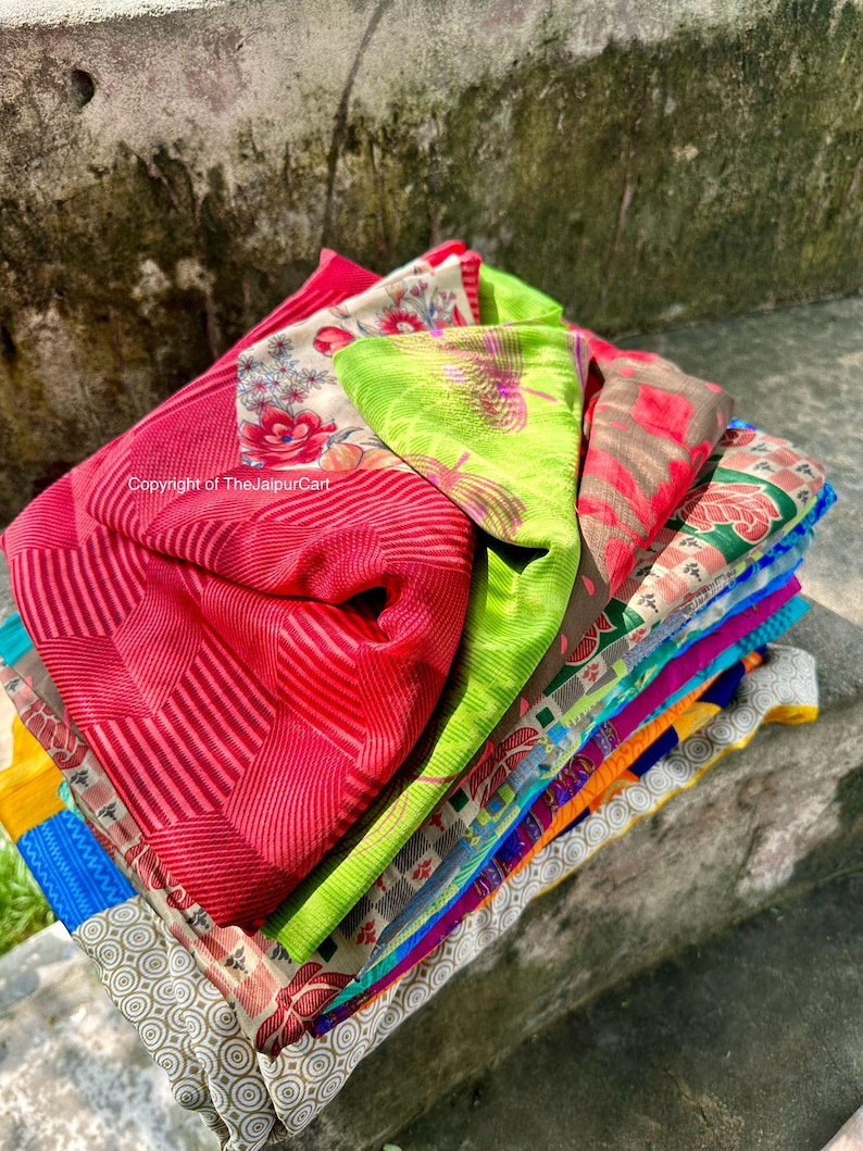 Indian Recycled silk sari , Art Silk Sari Fabric Used Bundle for Nuno felting Wholesale lot of Vintage Blend silk Saree Dressmaking Craft image 7