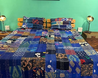 Juego de edredón de patchwork azul vivo tamaño king hecho a mano