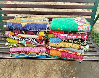 Wholesale Indian Kantha Quilt Lot: Vintage Handmade Reversible Throw