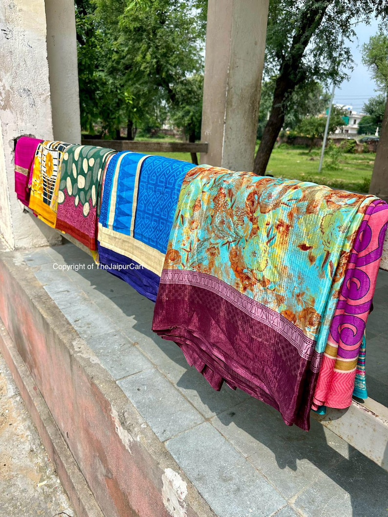 Indian Recycled silk sari , Art Silk Sari Fabric Used Bundle for Nuno felting Wholesale lot of Vintage Blend silk Saree Dressmaking Craft image 5